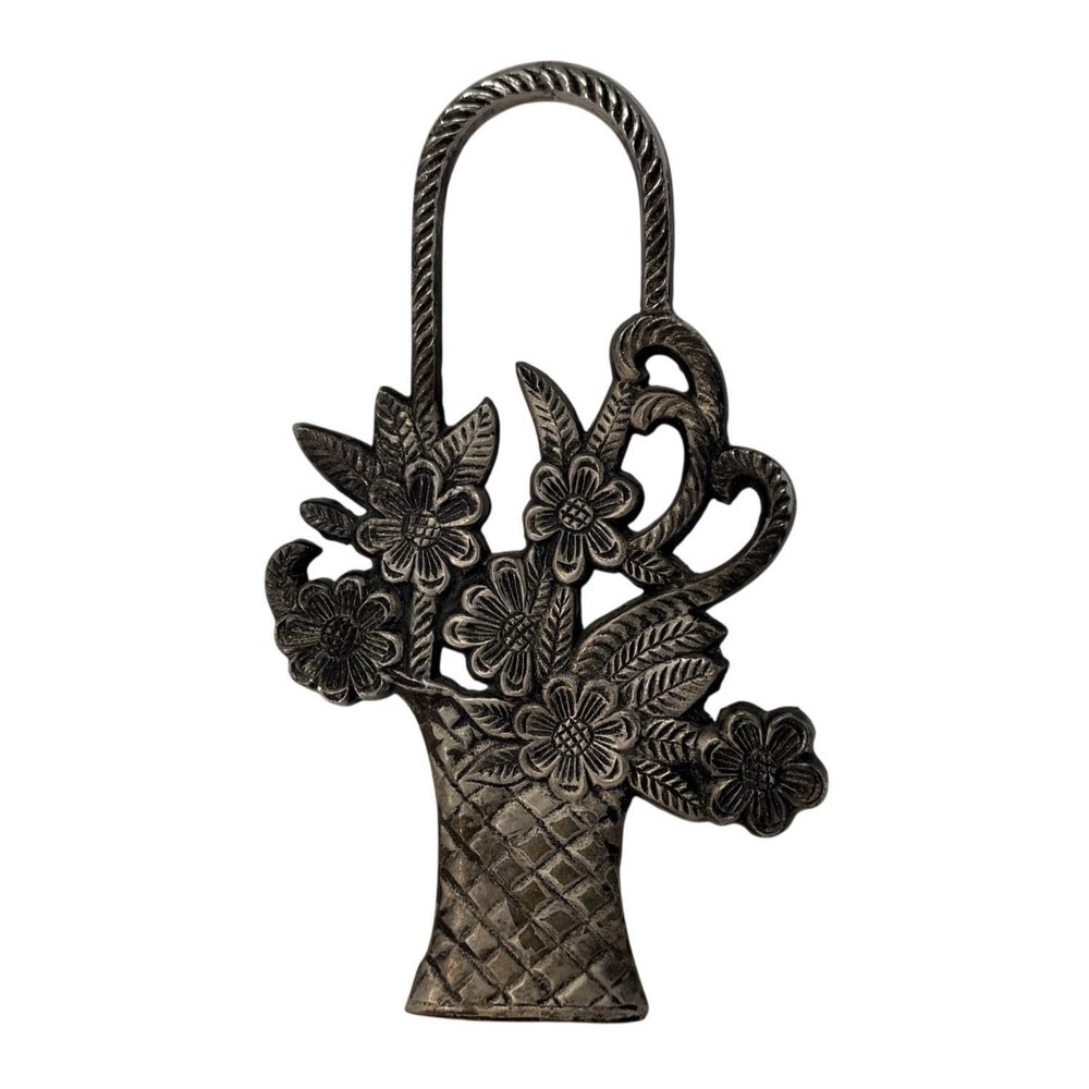 Vintage Floral Basket Metal Trivet Wall Hanging Rustic Cottage Decor